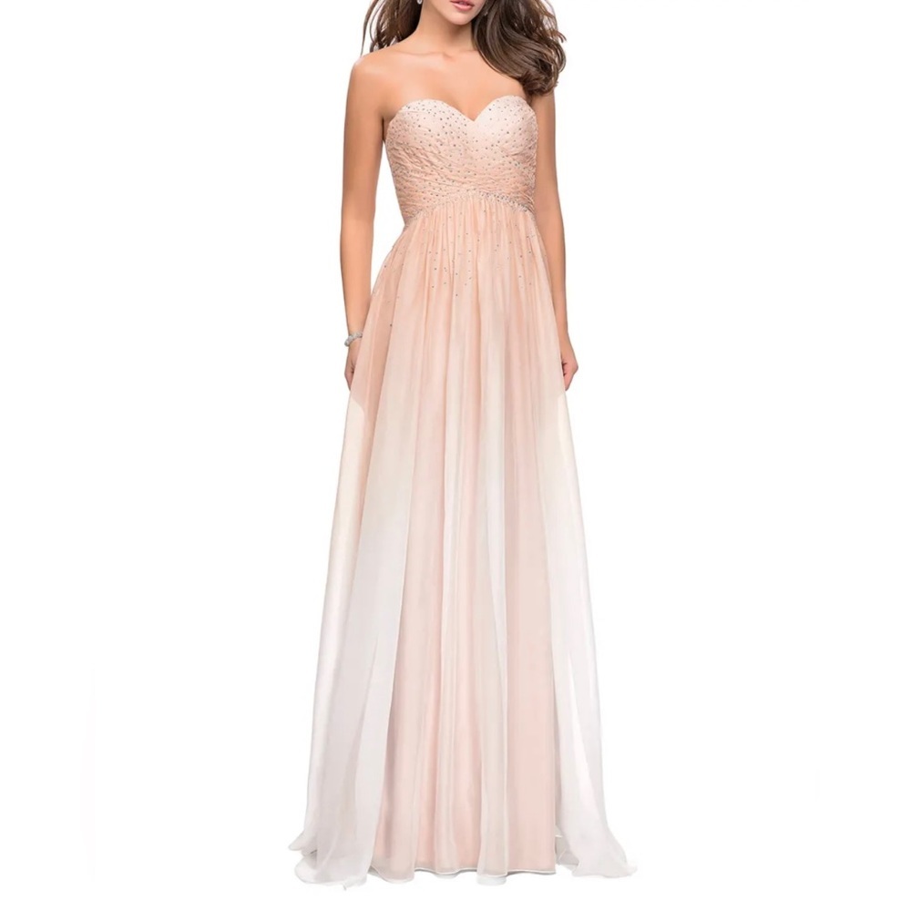 La Femme
Ombre Rhinestone Embellished Strapless Chiffon Gown